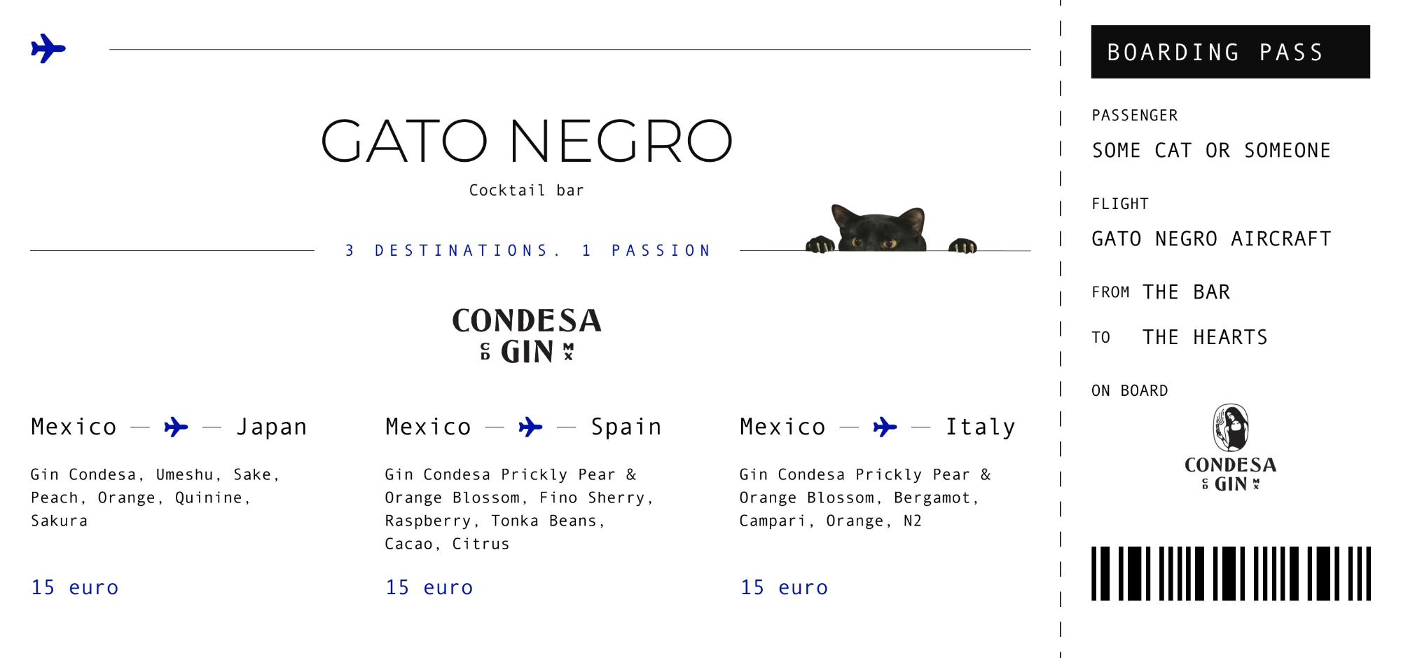 Carta Gato Negro × Condesa Gin, diseñada como una tarjeta de embarque con tres rutas desde México